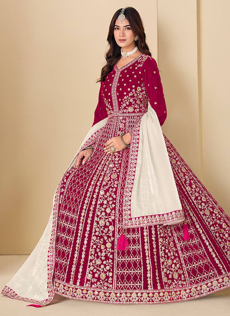 Pink embroidered sequence velvet anarkali suit