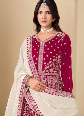 Pink embroidered sequence velvet anarkali suit 4