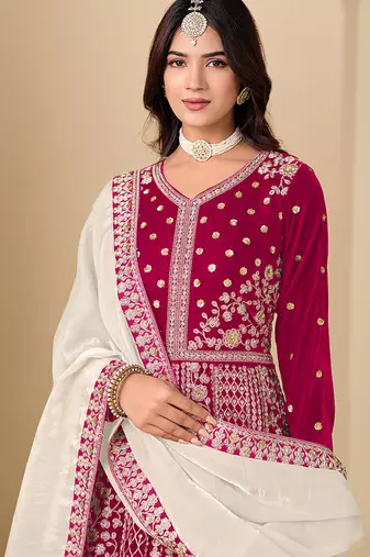 Pink embroidered sequence velvet anarkali suit