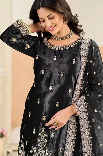 Black embroidered sequence velvet dhoti style