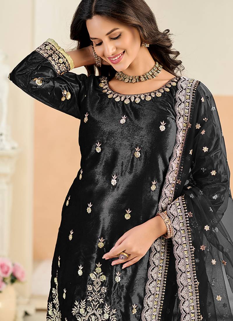 Black embroidered sequence velvet dhoti style