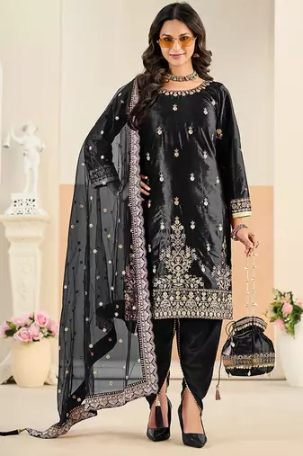 Black embroidered sequence velvet dhoti style