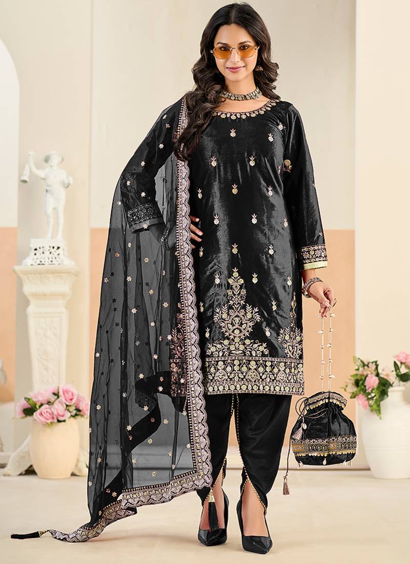 Black embroidered sequence velvet dhoti style