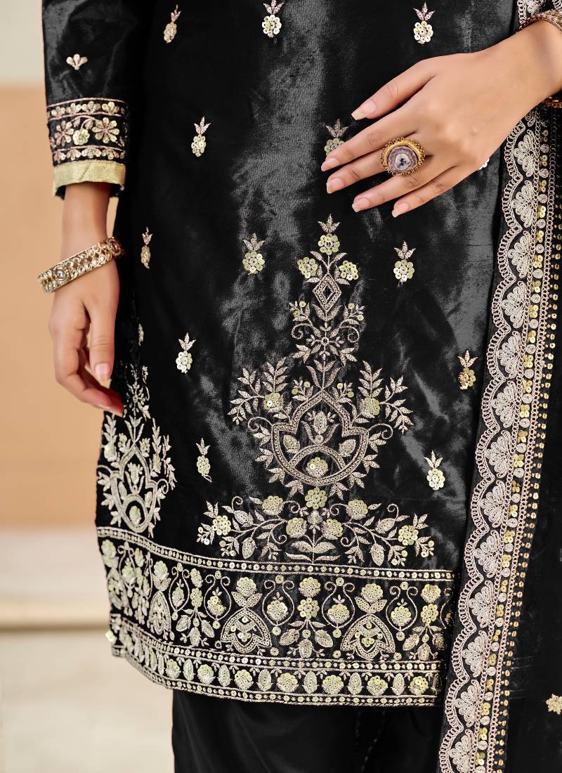 Black embroidered sequence velvet dhoti style