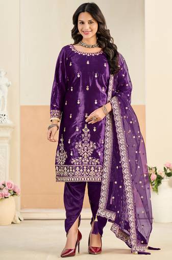 Purple embroidered sequence velvet dhoti style