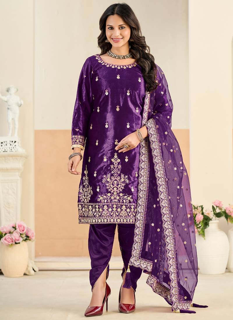 Purple embroidered sequence velvet dhoti style