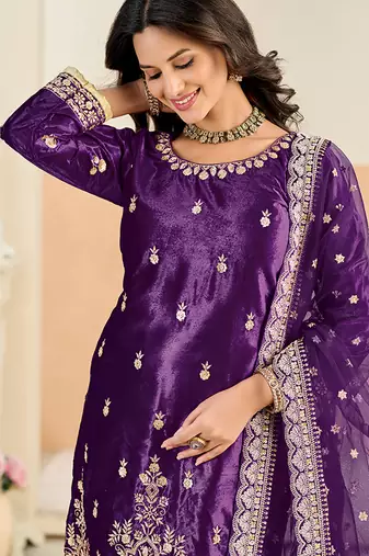 Purple embroidered sequence velvet dhoti style