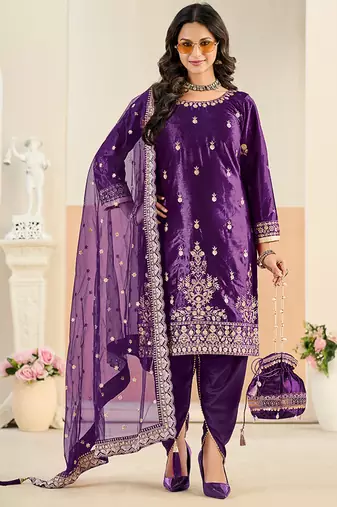 Purple embroidered sequence velvet dhoti style