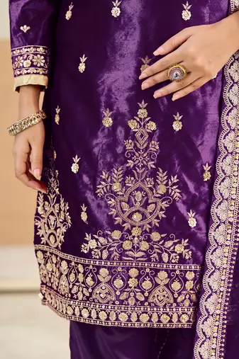 Purple embroidered sequence velvet dhoti style