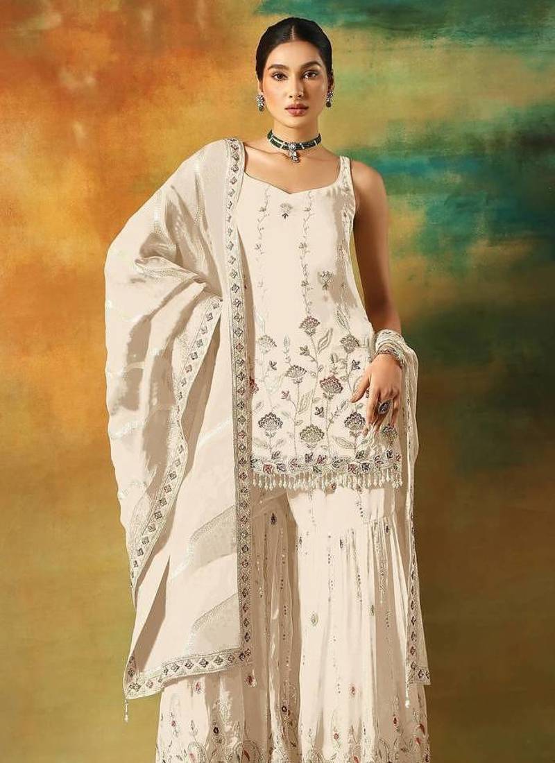 White Embroidered Georgette Stitched Palazzo Style Salwar Suit
