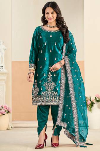 Teal embroidered sequence velvet dhoti style