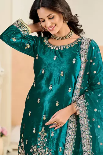 Teal embroidered sequence velvet dhoti style