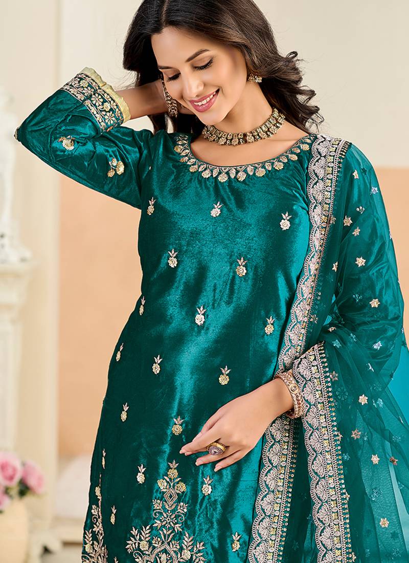 Teal embroidered sequence velvet dhoti style