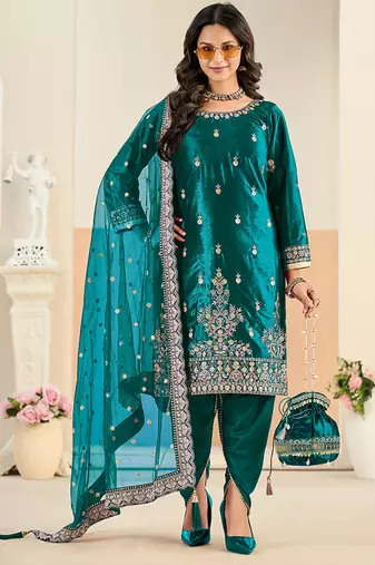 Teal embroidered sequence velvet dhoti style