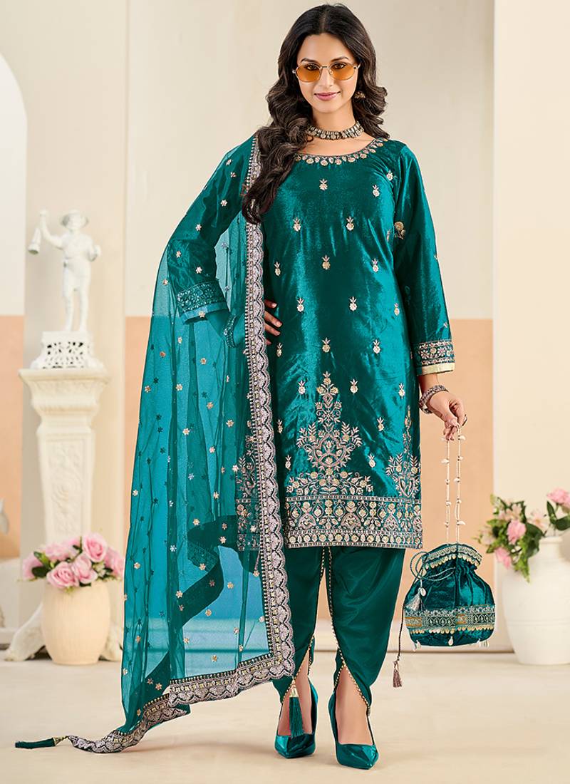 Teal embroidered sequence velvet dhoti style