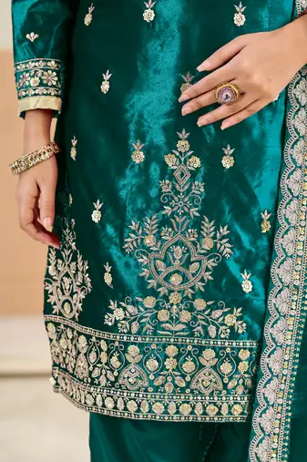 Teal embroidered sequence velvet dhoti style