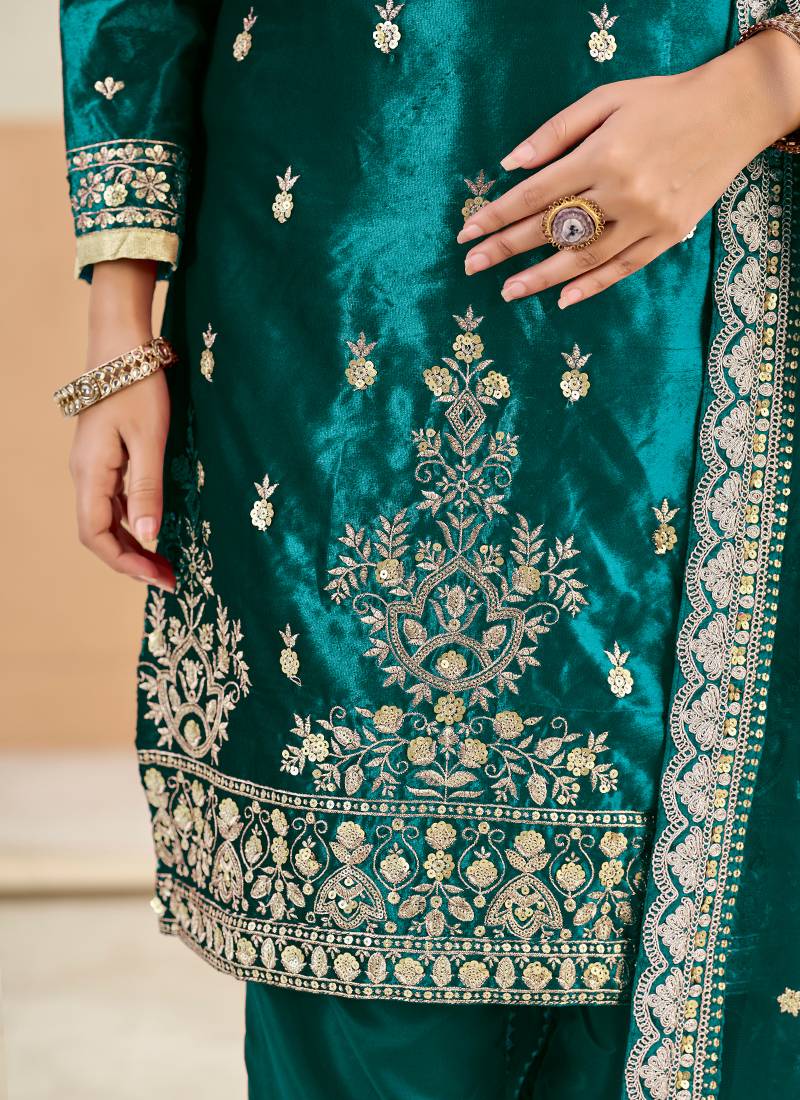 Teal embroidered sequence velvet dhoti style