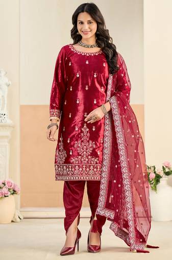 Red embroidered sequence velvet dhoti style