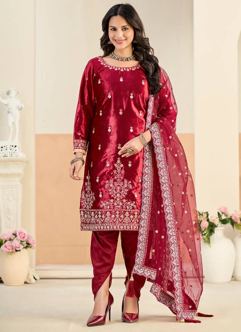 Red embroidered sequence velvet dhoti style