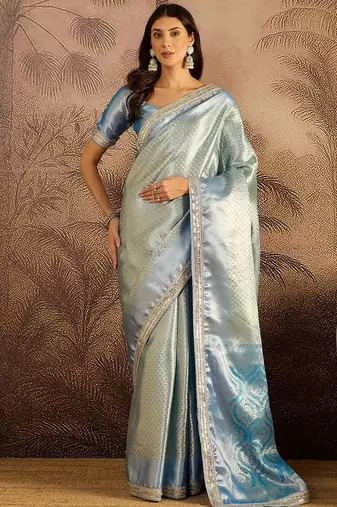 sky blue color soft banarasi tissue silk zari weaving & lace border saree