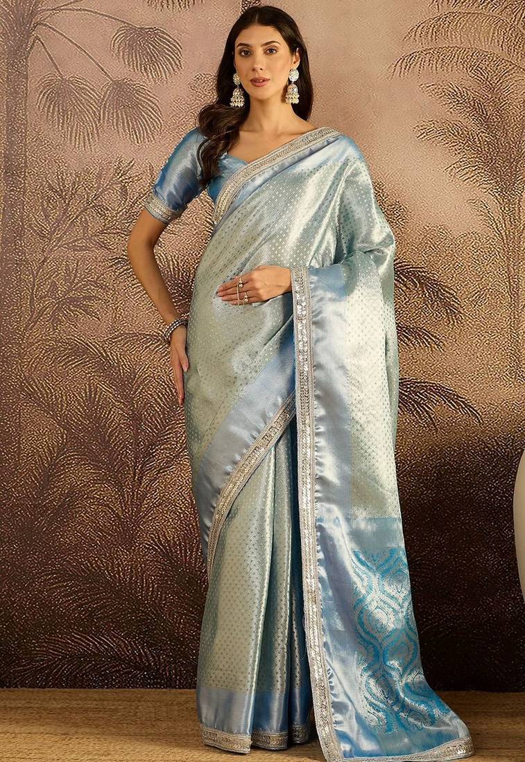 sky blue color soft banarasi tissue silk zari weaving & lace border saree