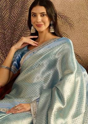 sky blue color soft banarasi tissue silk blend zari weaving & lace border saree 2