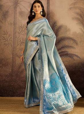 sky blue color soft banarasi tissue silk blend zari weaving & lace border saree 3