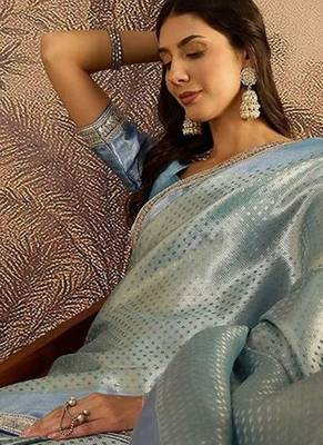 sky blue color soft banarasi tissue silk blend zari weaving & lace border saree 4