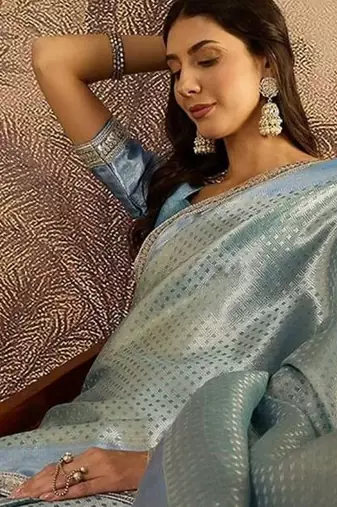 sky blue color soft banarasi tissue silk blend zari weaving & lace border saree