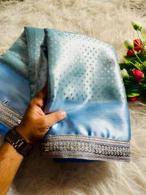 sky blue color soft banarasi tissue silk blend zari weaving & lace border saree 5