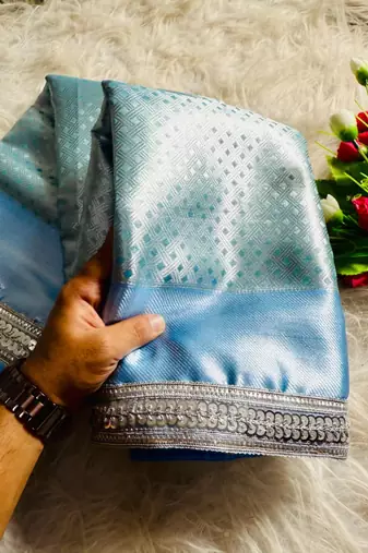 sky blue color soft banarasi tissue silk blend zari weaving & lace border saree