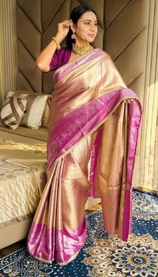 golden beige & wine soft tissue silk blend zari weaving & lace border saree 1