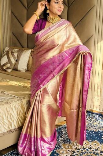 golden beige & wine color soft tissue silk zari weaving & lace border saree