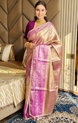 golden beige & wine soft tissue silk blend zari weaving & lace border saree 2
