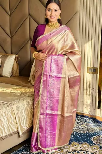 golden beige & wine color soft tissue silk blend zari weaving & lace border saree