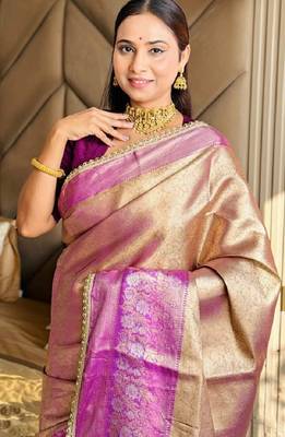 golden beige & wine soft tissue silk blend zari weaving & lace border saree 3