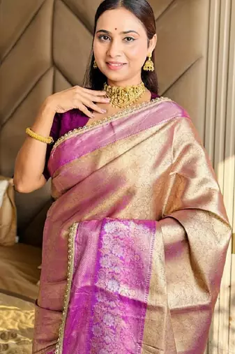 golden beige & wine color soft tissue silk blend zari weaving & lace border saree