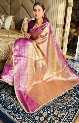 golden beige & wine soft tissue silk blend zari weaving & lace border saree 5