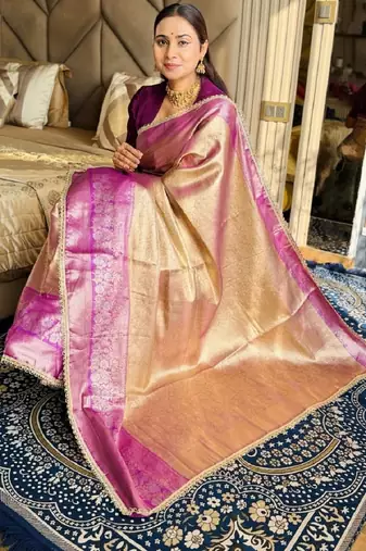 golden beige & wine color soft tissue silk blend zari weaving & lace border saree