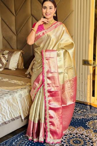 golden beige & red color soft tissue silk zari weaving & lace border saree