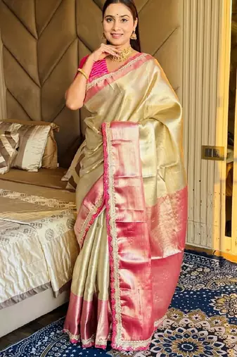 golden beige & red color soft tissue silk zari weaving & lace border saree