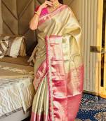 golden beige & red color soft tissue silk zari weaving & lace border saree