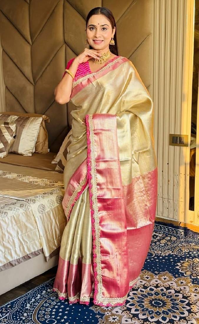 golden beige & red color soft tissue silk zari weaving & lace border saree