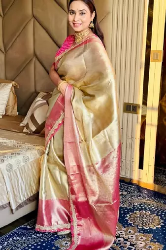 golden beige & red color soft tissue silk blend zari weaving & lace border saree