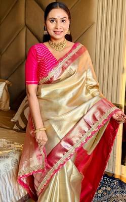 golden beige & red color soft tissue silk blend zari weaving & lace border saree 3