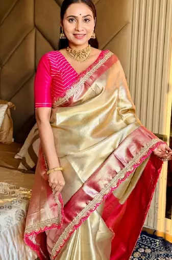 golden beige & red color soft tissue silk blend zari weaving & lace border saree