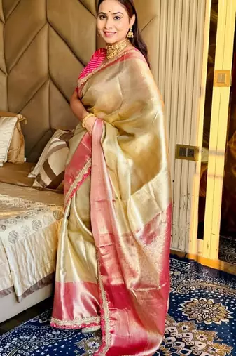 golden beige & red color soft tissue silk blend zari weaving & lace border saree