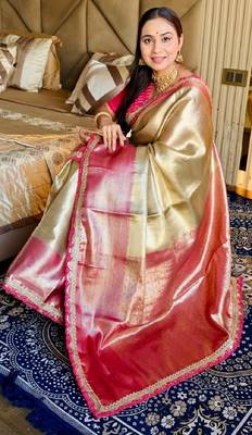 golden beige & red color soft tissue silk blend zari weaving & lace border saree 5