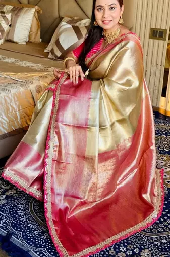 golden beige & red color soft tissue silk blend zari weaving & lace border saree