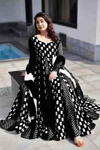 Jaipuri Black Anarkali Gown With Dupatta Set